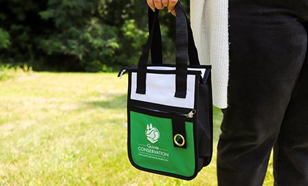 A green and white lunch bag with black handles and the QC logo.